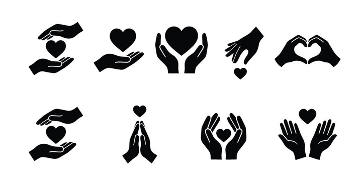 Minimalist charity icon set with hands and hearts, 9 black vector elements for donation and care, human hands holding heart symbols for non-profit branding
