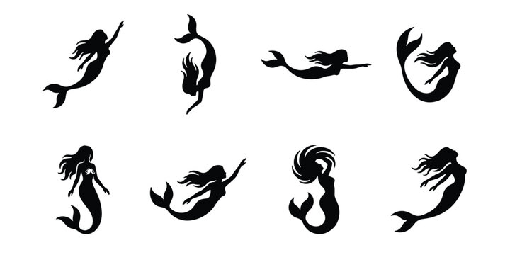 Mermaid silhouette collection, 8 black mythical sea creature icons, swimming mermaid vector set, fantasy ocean girl silhouettes for logo design