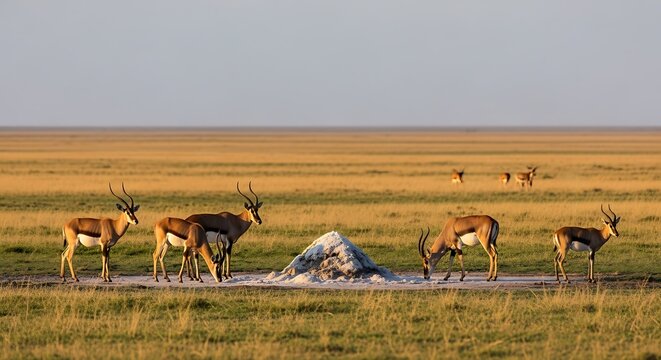 African antelopes visiting a natural salt lick in a savanna grassland