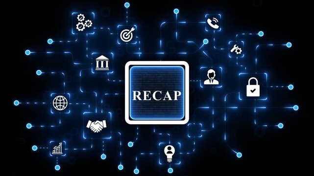 Recap generate-businessman working with virtual reality at office. Recap, Headlines Fast Scree communication network concept. Multinational people community, 4k animated motion video. animation