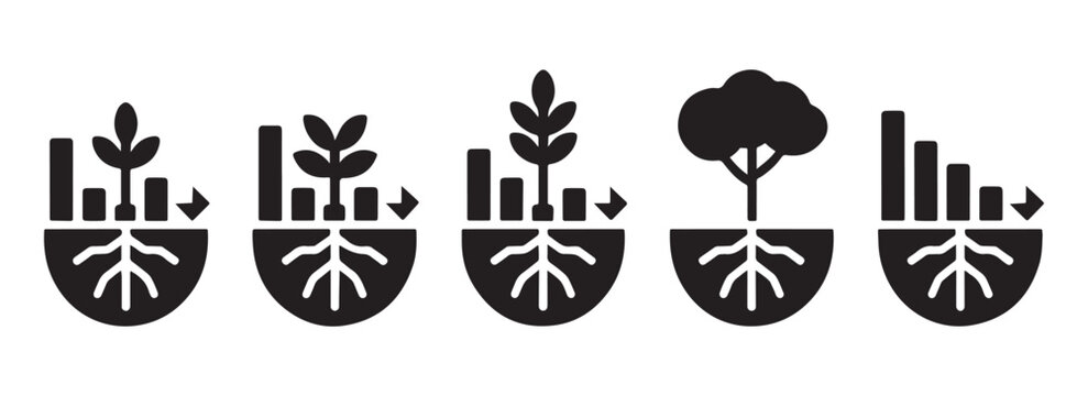 Plant growth and progress icons with roots.