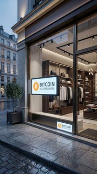 Modern clothing store with 'Bitcoin Accepted Here' sign in window, showcasing cryptocurrency adoption in retail on a European street at dusk.