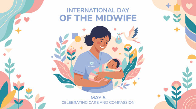 Illustration of a caring midwife holding a newborn on International Day of the Midwife, celebrating maternal health and childcare with a colorful floral design.