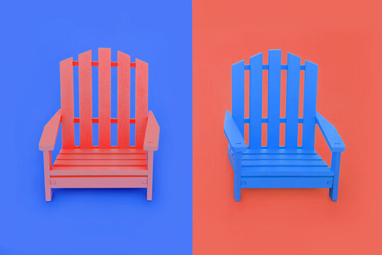 Vivid wooden slatted armchairs in salmon pink and blue contrast colors. Abstract design for indoor furniture chairs or outdoor beach, garden or patio seating.
