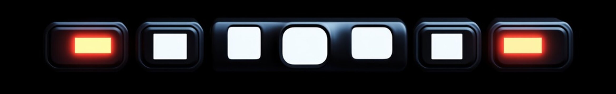 Sleek black control panel with six glossy rounded buttons, two amber warning lights and four bright white indicators, futuristic minimal design conveying calm precision