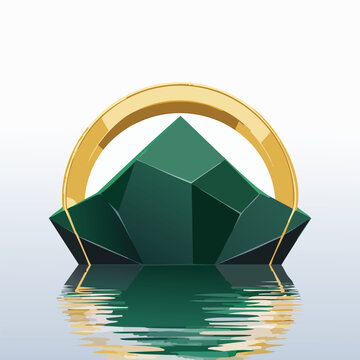 Abstract emerald gemstone with gold arch reflection on white background