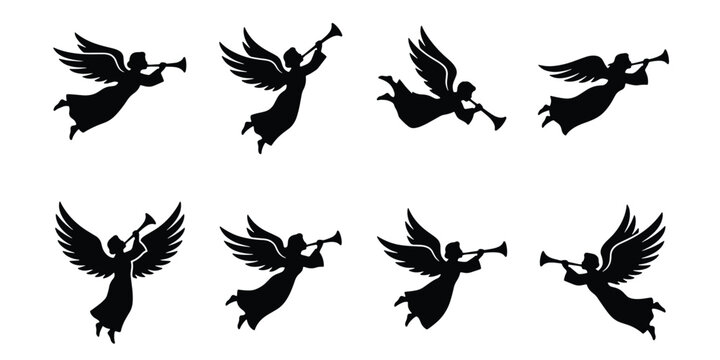 Christmas angel silhouette collection, 8 flying angels with trumpets vector set, black celestial cherub icons for holiday cards and religious decor