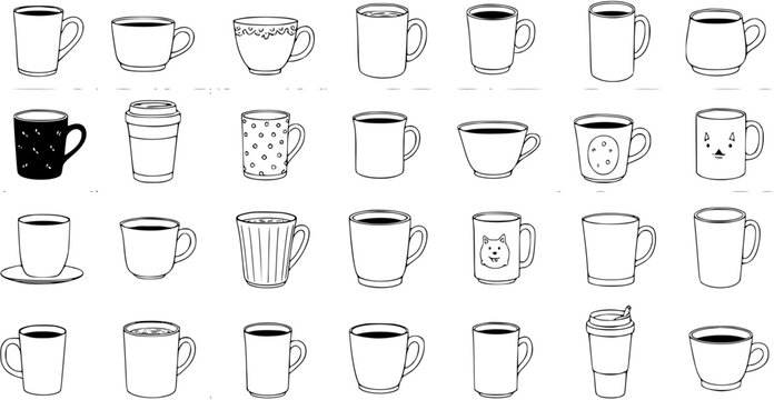 Detailed collection of 28 hand-drawn doodle style outline coffee mugs and tea cups with various designs, isolated on white background, vector illustration.