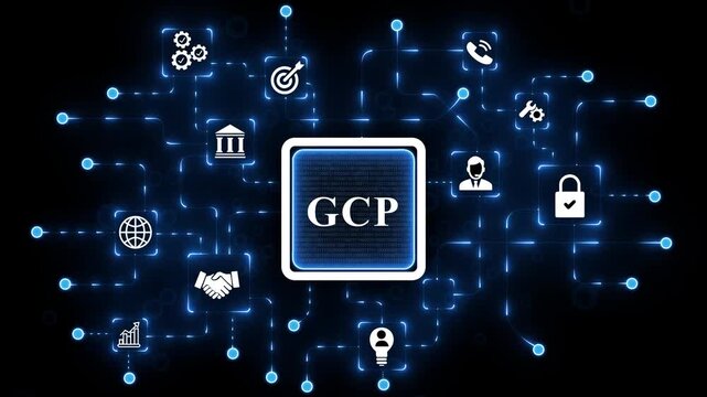 Gcp generate-businessman working with virtual reality at office. Gcp, Headlines Fast Scree communication network concept. Multinational people community, 4k animated motion video. animation