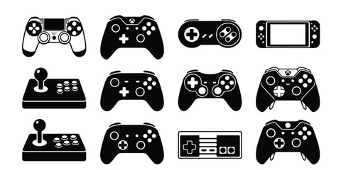 Video game controller icons set, black gaming gamepad vector silhouettes, 12 retro and modern joystick elements for esports and gaming UI © Rodela