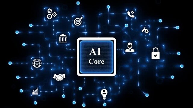 AI core generate-businessman working with virtual reality at office. AI core, Headlines Fast Scree communication network concept. Multinational people community, 4k animated motion video. animation