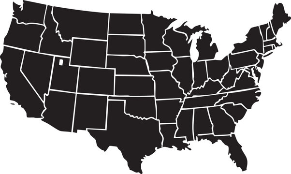 Black and white us map highlighting specific states in dark shade