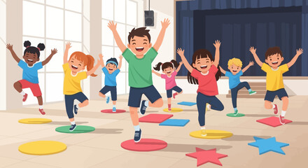 Fototapeta premium Happy Kids Dancing Music Class Colorful Floor Spots Fun