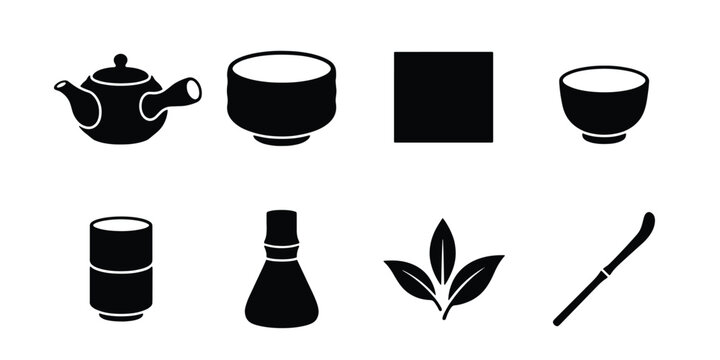 Japanese matcha tea ceremony icons, black silhouette vector set of 8 elements, traditional green tea preparation tools and ceramic bowls