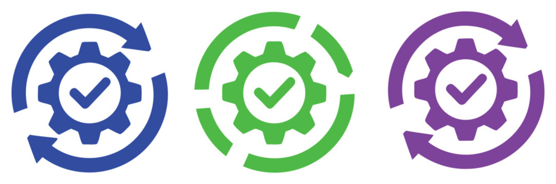 Gear icons with check marks and arrows workflow symbols showcasing efficiency concepts, mechanical process elements, and streamlined operation graphics suitable for dashboards, apps and organizational