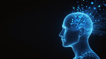 Obraz premium Futuristic AI brain concept with glowing digital particles symbolizing innovation and advanced technology
