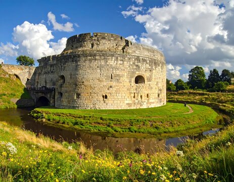 Beautiful view of Clifford's Tower and landscape surrounded by nature and moat