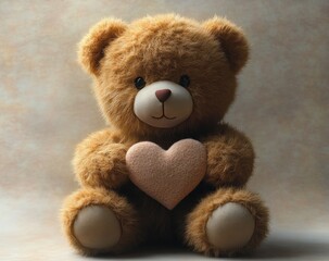 Fototapeta premium brown fluffy teddy bear sitting and holding a heart-shaped plush, emitting a warm affectionate and comforting mood against a soft beige backdrop
