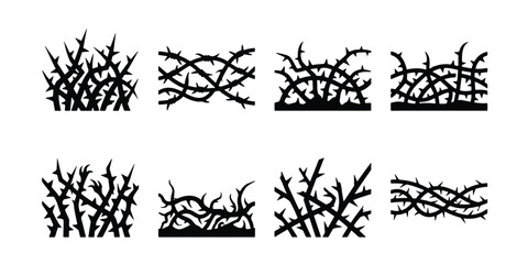 Black thorn branch silhouettes, set of 8 thorny bush vector elements, sharp prickly bramble thicket icons, tangled briar vine border graphics © Lamiya