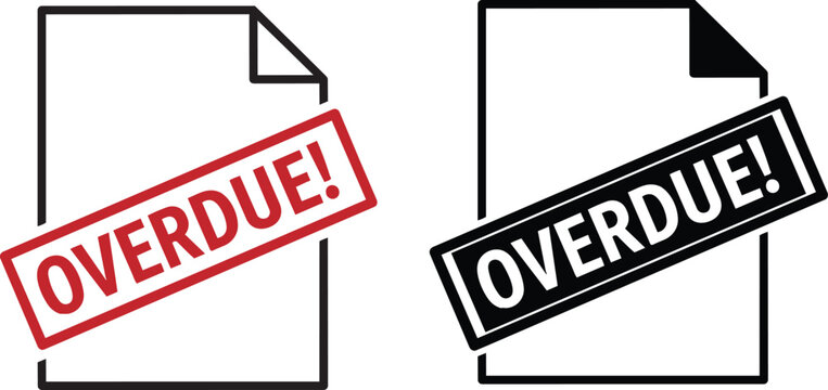 Two stylized document icons with overdue stamp graphics and text isolated on transparent background