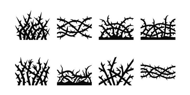 Black thorn branch silhouettes, set of 8 thorny bush vector elements, sharp prickly bramble thicket icons, tangled briar vine border graphics