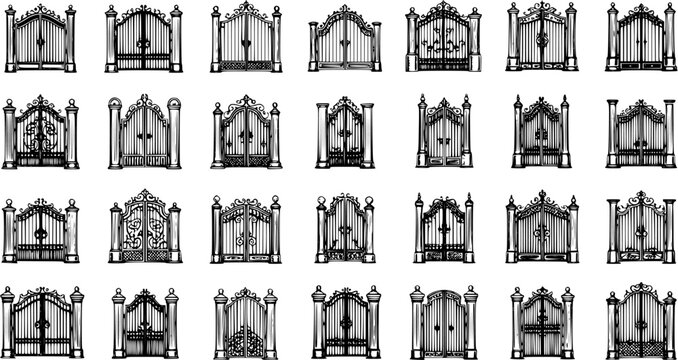 Elegant Luxury Gates Vector Sketch Collection. Detailed hand-drawn black and white illustrations of ornate house and mansion entrances, fences, and decorative metalwork designs.