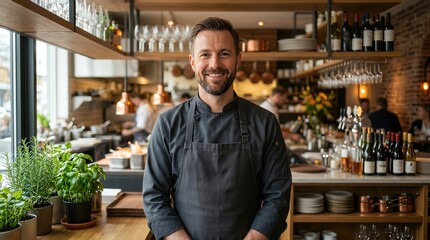 Fototapeta premium Male restaurant chef wearing a dark gray apron stands confidently in a modern kitchen with shelves of glassware and bottles in the background