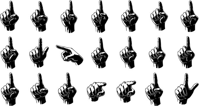 Vector illustration set of hands making number one gesture or pointing with index finger, symbolizing direction, attention, or first place, in a vintage black and white style.