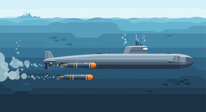 torpedo launching underwater with warship in background