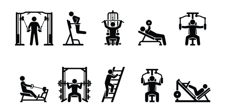 Gym equipment icons set, fitness workout machine silhouettes, 10 exercise station vector elements, strength training and bodybuilding symbols