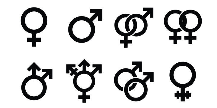 Gender symbols icon set, male and female identity signs, transgender and non-binary sexual orientation glyphs, 8 black vector elements for web