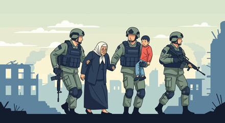 Armed Forces Patrolling Urban Area with Civilians  © hermas