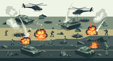 War Zone Battlefield with Explosions and Tanks © hermas