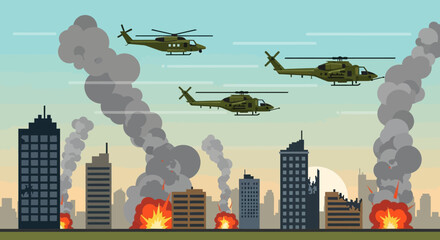 Helicopters Flying Over City During Military Operation © hermas
