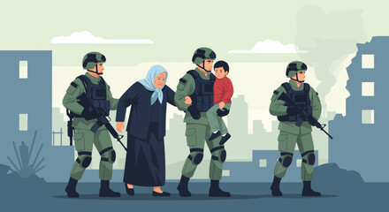 Soldiers Escorting Civilians in Conflict Area © hermas