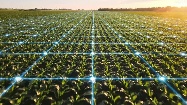 Rows of crops in a field with glowing grid for commercial backgrounds, digital design, and advertising