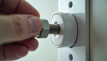Naklejka premium Hand adjusting metal bolt into wall socket for secure connection. Close-up view shows threaded end of bolt fitting into clean, white wall fixture. Perfect for home improvement or DIY projects.