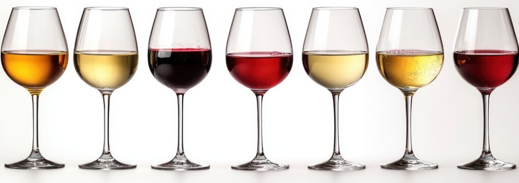 Seven stemmed wine glasses lined up showing varied wines from pale yellow and amber to rose and deep red on a clean white background, elegant and celebratory mood