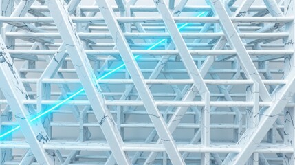 Fototapeta premium Abstract geometric structure. White lines intersect, creating complex patterns. Bright blue neon lights add contrast, depth. Minimalist design.