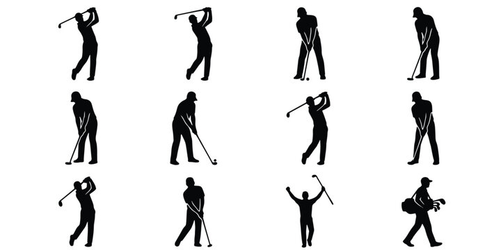 Professional golf player silhouettes, set of 12 golfer icons in various swing poses, black vector sports figures for tournament branding and club logos