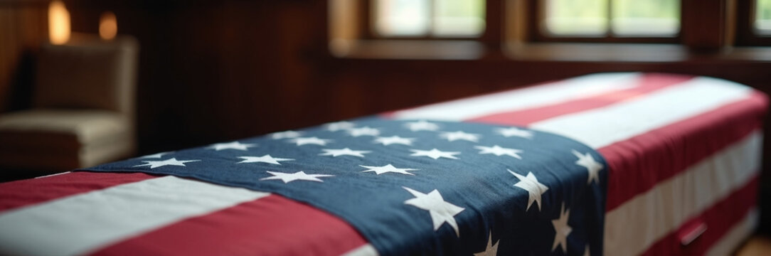 American flag draped over funeral casket in somber room with soft lighting. The casket is covered with a US flag, symbolizing respect and honor. Concept for memorial services and patriotic tributes.