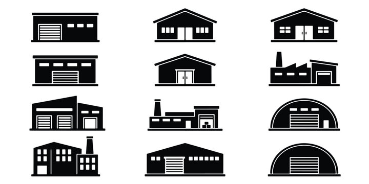 Industrial warehouse icon set, 12 black factory building vectors, logistics storage facility silhouettes, manufacturing plant and hangar symbols