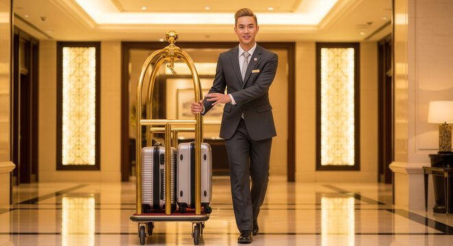 Asian young hotel bellboy pushing luggage cart in luxury hotel lobby, premium service and hospitality industry