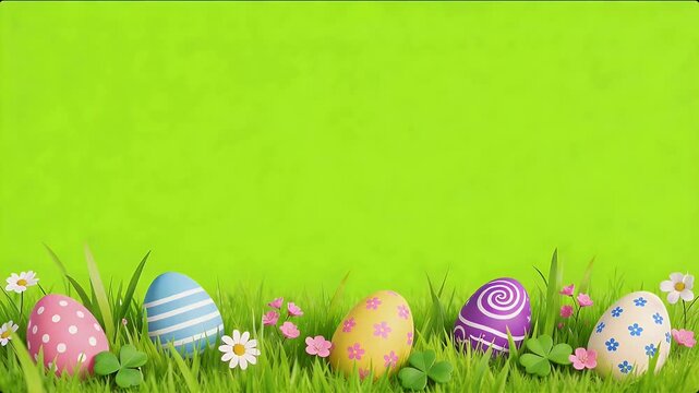 Easter Eggs in Grass with Flowers on Green Screen Background