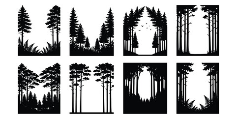 Black forest silhouette frames, set of 8 pine tree border vectors, coniferous woodland landscape elements, rustic nature scenery for outdoor branding © Mohammad