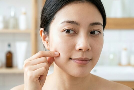 Woman checking skin elasticity by pinching cheek