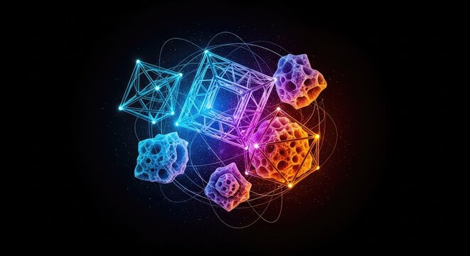 Complex conceptual geometric shapes floating in dark space representing deep thought and universal abstract ideas, idea, dimensions, visualization