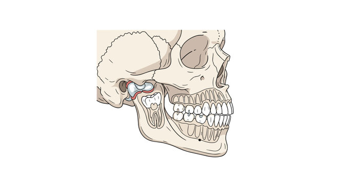 A detailed lateral anatomical diagram of a human skull highlights the complex structure of the jawbone and the alignment of the upper and lower teeth.