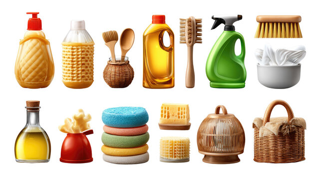Assortment of Cleaning Supplies: An organized array of cleaning essentials, showcasing a spectrum of tools and products to ensure a sparkling home and a tidy environment. 