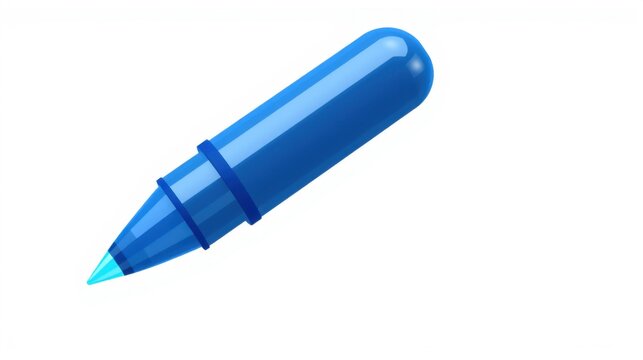 Blue pen illustration. Smooth plastic body, shiny surface, simple design. Ideal for writing, drawing, notes.